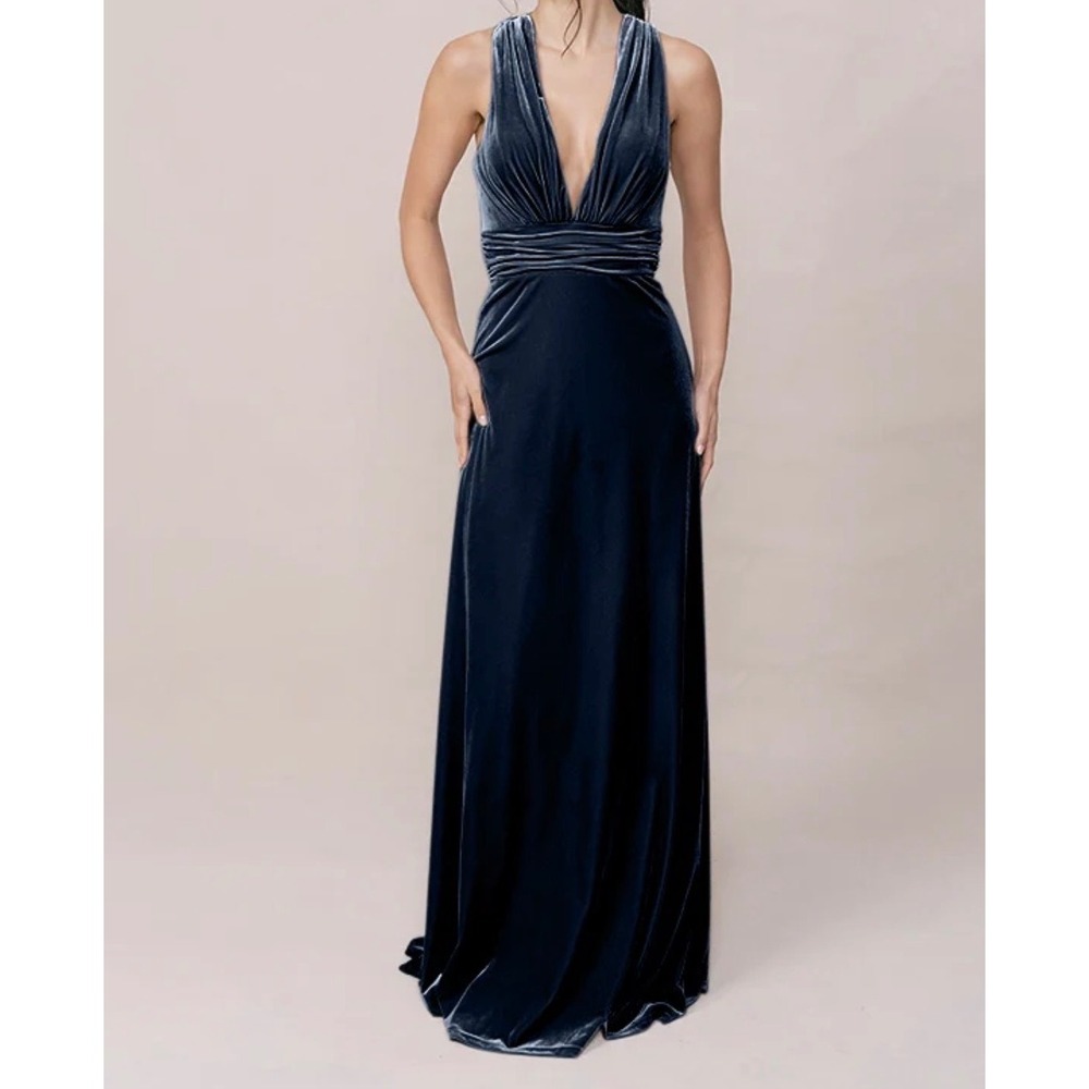 Revelry Dylan Velvet Dress 4 Navy Blue Plunging V-Neck Criss Cross Straps Gown
